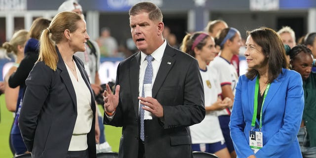 United States Secretary of Labor Marty Walsh talks with US Soccer Federation president Cindy Parlow Cone and United States Senator from Washington Maria Cantwell after a game between Nigeria and USWNT at Audi Field on September 6, 2022 in Washington, DC.