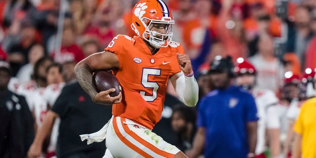 Clemson quarterback DJ Uiagalelei (5) runs with the ball in the second half of an NCAA college football game against North Carolina State, Saturday, Oct. 1, 2022, in Clemson, SC