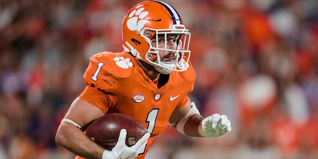 Clemson running back Will Shipley (1) runs with the ball in the first half of an NCAA college football game against North Carolina State, Saturday, Oct. 1, 2022, in Clemson, S.C.