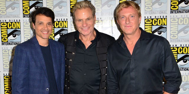 (LR) Ralph Macchio, Martin Kove and William Zabka attend "Cobra Kai" press line at the Hilton Bayfront on July 18, 2019 in San Diego, California.