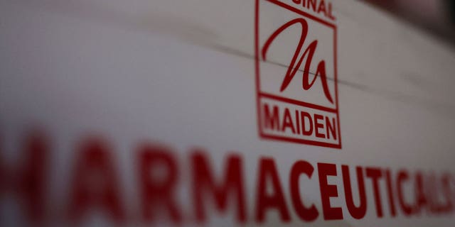 A Maiden Pharmaceuticals Ltd. logo is seen outside the office in New Delhi, India, on Oct. 6, 2022. 