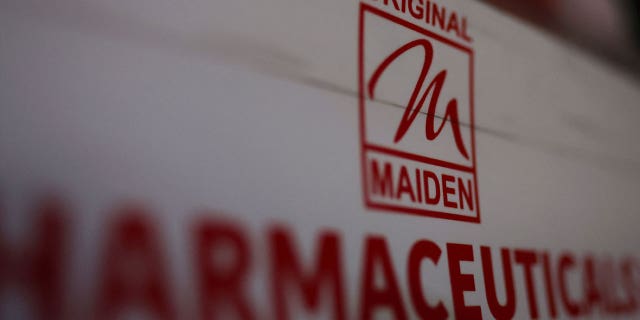 A Maiden Pharmaceuticals Ltd. logo is seen outside the office in New Delhi, India, on Oct. 6, 2022.