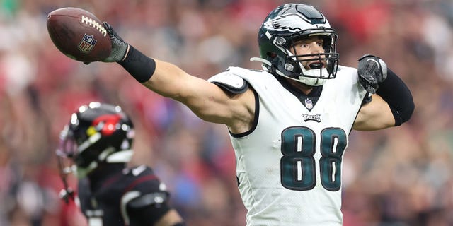 Dallas Goedert of the Philadelphia Eagles signals a first down after a catch during the fourth quarter against the Arizona Cardinals at State Farm Stadium Oct. 9, 2022, in Glendale, Ariz.