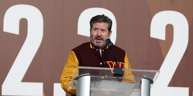 Team co-owner Dan Snyder speaks during the announcement of the Washington Football Team's name change to the Washington Commanders at FedEx Field Feb. 2, 2022, in Landover, Md.