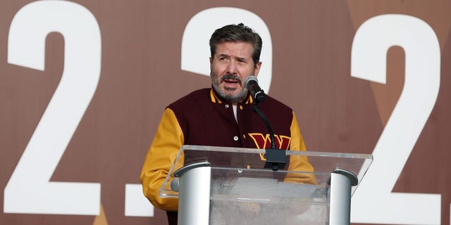 Team co-owner Dan Snyder speaks during the announcement of the Washington Football Team's name change to the Washington Commanders at FedEx Field Feb. 2, 2022, in Landover, Md.