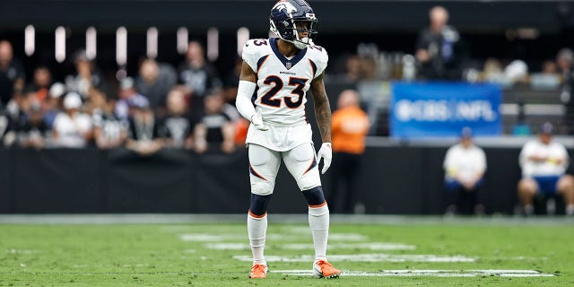 Ronald Darby of the Denver Broncos lines up during a game against the Las Vegas Raiders at Allegiant Stadium Oct. 2, 2022, in Las Vegas.