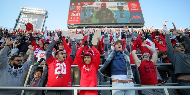 Fans celebrate during the XFL game between the St. Louis BattleHawks and the DC Defenders at Audi Field on March 8, 2020, in Washington, D.C.