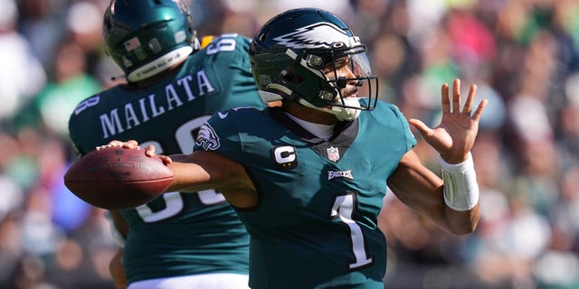 Jalen Hurts of the Philadelphia Eagles throws a pass in the first quarter against the Pittsburgh Steelers at Lincoln Financial Field on Oct. 30, 2022, in Philadelphia, Pennsylvania.