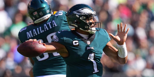 Jalen Hurts of the Philadelphia Eagles throws a pass in the first quarter against the Pittsburgh Steelers at Lincoln Financial Field on Oct. 30, 2022, in Philadelphia, Pennsylvania.