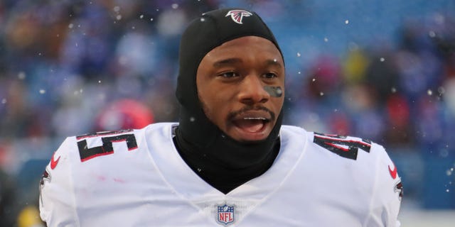 Deion Jones #45 of the Atlanta Falcons after a game against the Buffalo Bills at Highmark Stadium on January 2, 2022 in Orchard Park, New York.