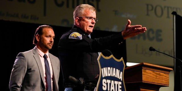 Indiana State Police Superintendent Doug Carter and Carroll County Prosecutor Nick McLeland take questions during a news conference in Delphi, Indiana, on Oct. 31, 2022, on the arrest of Richard Allen.
