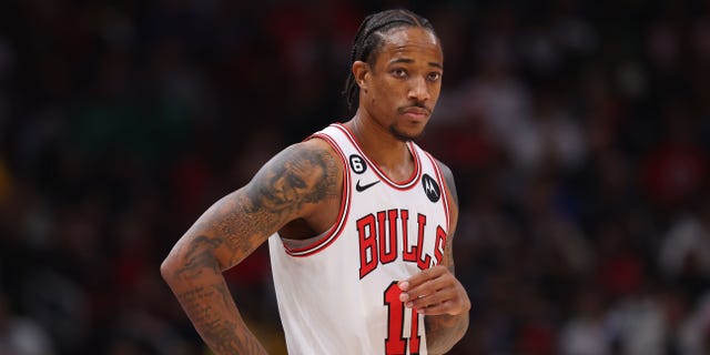 DeMar DeRozan #11 of the Chicago Bulls looks on against the Boston Celtics during the first half at United Center on October 24, 2022 in Chicago, Illinois.