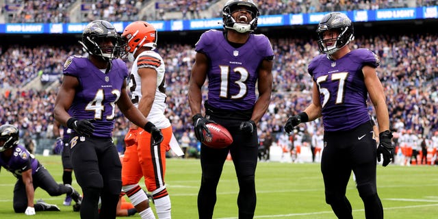 Devin Duvernay #13 of the Baltimore Ravens celebrates a punt return in the second quarter of the game against the Cleveland Browns at M&T Bank Stadium on October 23, 2022, in Baltimore, Maryland.