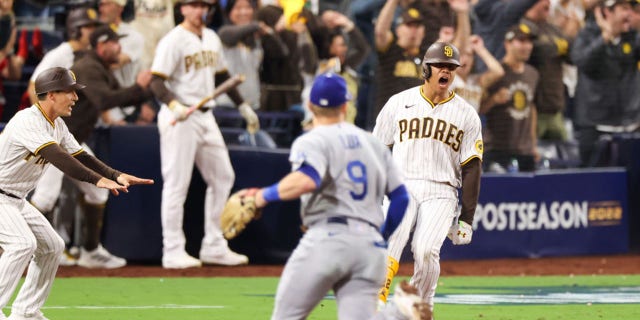 San Diego Padres right fielder Juan Soto (22) hits s game-tying single in the 7th inning against the LA Dodgers in Game 4 of a League Division Series at Petco Park in San Diego, Calif., Saturday, Oct. 15, 2022.