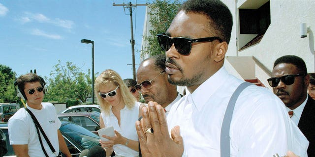 FILE - Rodney King makes a point at a news conference, on June 2, 1994 in Santa Ana, Calif. Jurors who had earlier ordered the city of Los Angeles to pay King $3.8 million for his beating declined to order punitive damages against any of the police officers involved in the March 1991 video taped beating. (AP Photo/Chris Martinez, File)