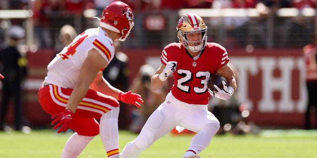  Christian McCaffrey #23 of the San Francisco 49ers runs with the ball in the first quarter against the Kansas City Chiefs at Levi's Stadium on Oct. 23, 2022 in Santa Clara, California.