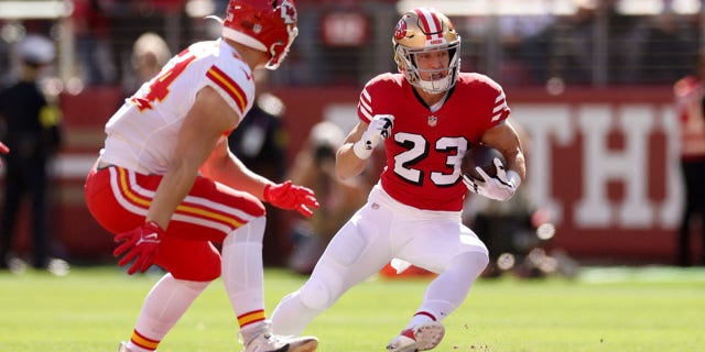 Christian McCaffrey #23 of the San Francisco 49ers runs with the ball in the first quarter against the Kansas City Chiefs at Levi's Stadium on Oct. 23, 2022 in Santa Clara, California.