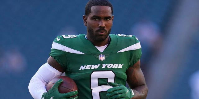 Elijah Moore of the New York Jets against the Philadelphia Eagles during a preseason game at Lincoln Financial Field Aug. 12, 2022, in Philadelphia.