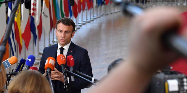 French President Emmanuel Macron speaks with press before an EU summit in Brussels, Belgium, on Oct. 20, 2022. Macron and other European leaders discussed a new gas pipeline plan under the Mediterranean Sea.