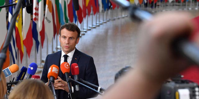 French President Emmanuel Macron speaks with press before an EU summit in Brussels, Belgium, on Oct. 20, 2022. Macron and other European leaders discussed a new gas pipeline plan under the Mediterranean Sea.
