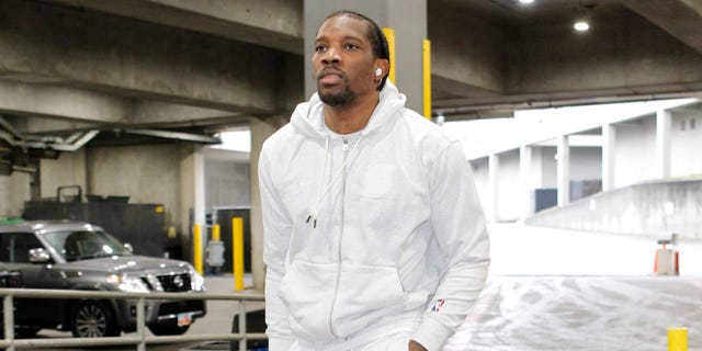 Eric Bledsoe of the Portland Trail Blazers arrives to the arena prior to a game against the Denver Nuggets Feb. 27, 2022, at the Moda Center Arena in Portland, Ore.
