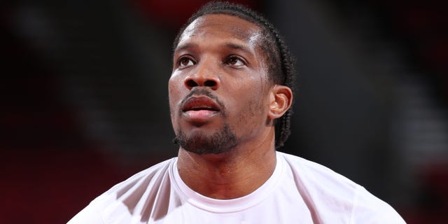 Eric Bledsoe of the Portland Trail Blazers warms up before a game against the Denver Nuggets Feb. 27, 2022, at the Moda Center Arena in Portland, Ore.