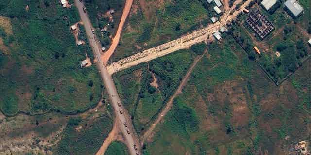 This aerial shot shows unidentified military forces mobilized in the town of Sheraro in the Tigray region of northern Ethiopia on September 26, 2022.