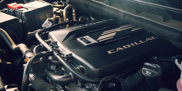 Closeup of the 2023 Cadillac Escalade-V’s supercharged 6.2L V-8 engine.