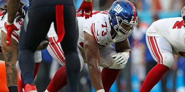 Evan Neal #73 of the New York Giants during the game against the Tennessee Titans at Nissan Stadium on September 11, 2022, in Nashville, Tennessee. 