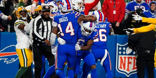 Oct 30, 2022; Orchard Park, New York, USA; Buffalo Bills wide receiver Isaiah McKenzie (6) congratulates Buffalo Bills wide receiver Stefon Diggs (14) for scoring a touchdown against the Green Bay Packers during the first half at Highmark Stadium.