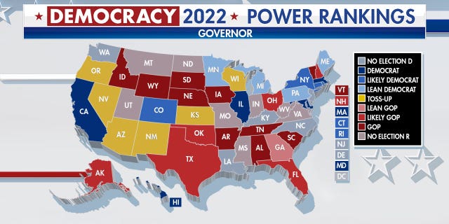 Fox News' Democracy 2022 Power Rankings as of Oct. 25, 2022;  the governor elections' forecast indicates which way each state may vote.