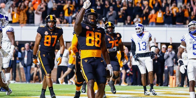 Tennessee tight end Princeton Fant (88) celebrates after scoring a touchdown during the first half of an NCAA college football game against Kentucky, Saturday, Oct. 29, 2022, in Knoxville, Tenn.