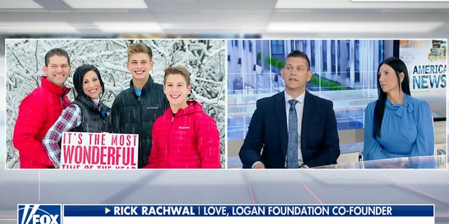 Logan Rachwal was just 19 years old when he took a pill in his dorm room in college — which killed him. He's shown at left with his parents and brother. His parents appeared on Fox News Channel's "America's Newsroom," at right, to share the loss of their son and how to combat the crisis.  