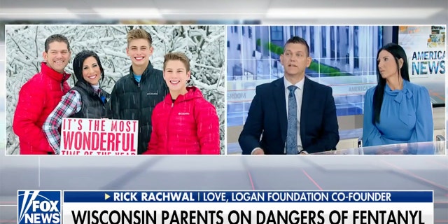Logan Rachwal was just 19 when he took a pill in his college dorm that killed him. He is shown on the left with his parents and brother. Her parents appeared on Fox News Channel "American Newsroom," on the right, to share the loss of their son and how to fight the crisis.