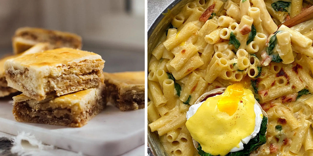 „Cinamon Squares“ Joanna Gaines, „Magnolia“ įkūrėja, „Eggs Benedict mac and Cheese“, kurią sukūrė Magnolia tinklo šefė ir vedėja "pamestas receptas" Casey Korn.