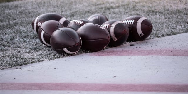 A detailed view of football on the field at Stanford Stadium before the 124th big game between the Stanford Cardinals and the California Golden Bears played at Stanford Stadium in Palo Alto, California on November 20, 2021.