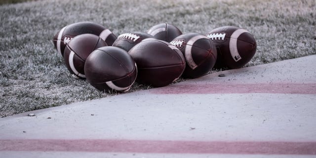 A detailed view of football played on the field of Stanford Stadium before the 124th Big Game between the Stanford Cardinals and the California Golden Bears on November 20, 2021 at Stanford Stadium in Palo Alto, California. 