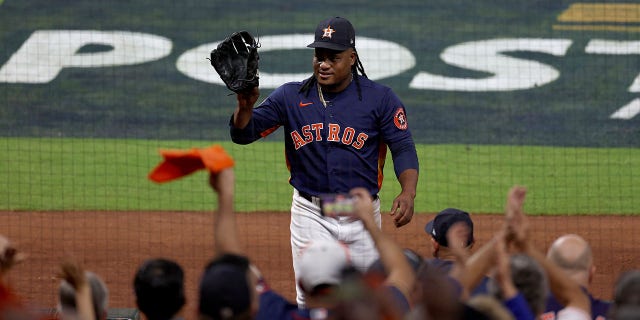 Framber Valdez #59 of the Houston Astros reacts after retiring the side against the New York Yankees during the seventh inning in game two of the American League Championship Series at Minute Maid Park on October 20, 2022, in Houston, Texas.