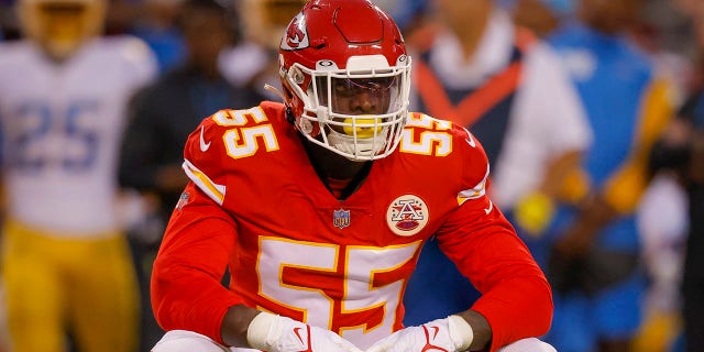 Frank Clark #55 of the Kansas City Chiefs rests between plays during the first quarter against the Los Angeles Chargers at Arrowhead Stadium on September 15, 2022 in Kansas City, Missouri.