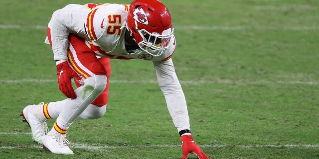 Defensive end Frank Clark #55 of the Kansas City Chiefs during the NFL game against the Las Vegas Raiders at Allegiant Stadium on November 22, 2020 in Las Vegas, Nevada. The Chiefs defeated the Raiders 35-31.
