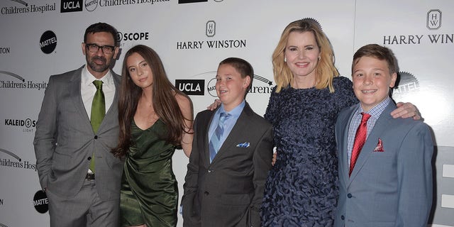 (L-R) Reza Jarrahy, Alizeh Keshvar Davis Jarrahy, Kian William Jarrahy, Geena Davis and Kaiis Steven Jarrahy attend the UCLA Mattel Children's Hospital's Kaleidoscope 5 at 3LABS on May 06, 2017 in Culver City, California. 