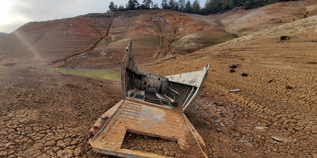 The "Ghost Boat," from World War II emerged from the receding waters of Shasta Lake in California.