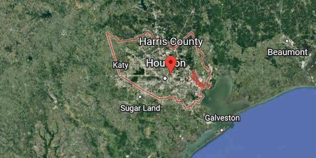 A Google Earth image shows the outline of Harris County, the largest county in Texas.