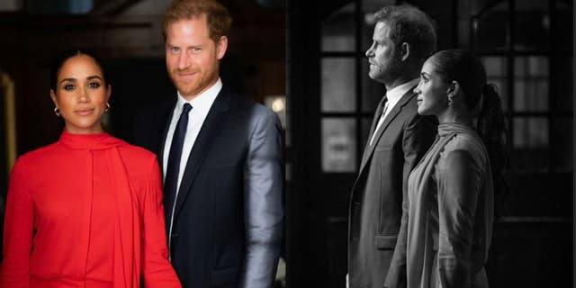Prince Harry and Meghan Markle hold hands in two photos taken at the opening of the One Young World summit in Manchester on Sept. 5. 