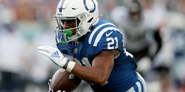 Nyheim Hines of the Indianapolis Colts carries the ball against the Jacksonville Jaguars at TIAA Bank Field on Sept. 18, 2022, in Jacksonville, Florida.