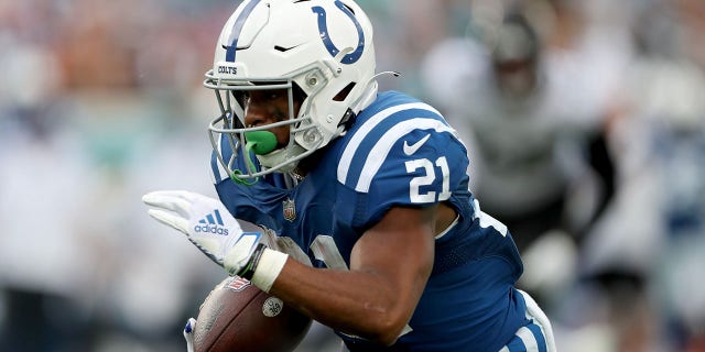 Nyheim Hines of the Indianapolis Colts carries the ball against the Jacksonville Jaguars at TIAA Bank Field on Sept. 18, 2022, in Jacksonville, Florida.