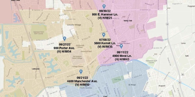 Stockton police share a map showing the locations of five recent homicides within the city.