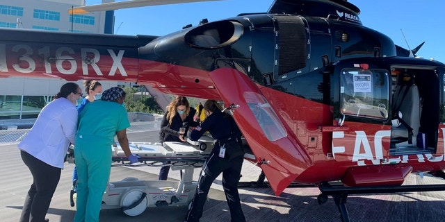 Medical personnel with Memorial Healthcare System in south Florida prepare to unload a NICU patient who was transferred by helicopter from a Fort Myers hospital.