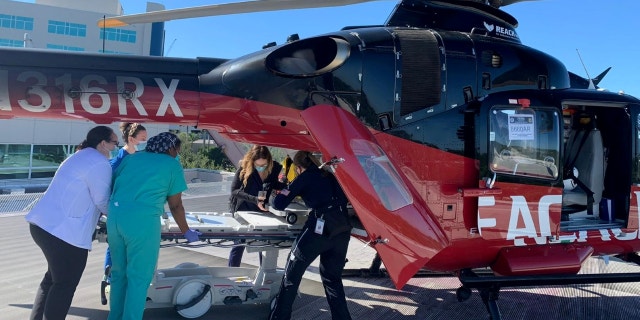 Medical personnel with Memorial Healthcare System in south Florida prepare to unload a NICU patient who was transferred by helicopter from a Fort Myers hospital.