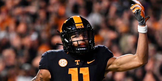 Jalin Hyatt of the Tennessee Volunteers celebrates a touchdown against the Kentucky Wildcats at Neyland Stadium on Oct. 29, 2022 in Knoxville.